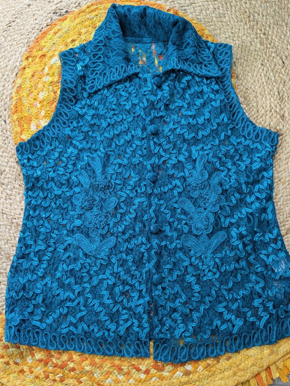 Sleeveless Aqua/Teal Lace Appliqué Zip Vest